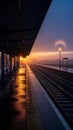 Golden Hour Reflections at a Misty Train Station Platform Royalty Free Stock Photo
