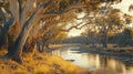 Golden Hour River Scene With Eucalyptus Trees Royalty Free Stock Photo