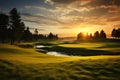 A golden hour scene unfolds on the golf course, creating a serene sunset spectacle