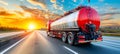 Golden hour scenic countryside road with a large fuel tanker truck under the vibrant sunset sky