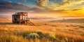 Golden hour serenity a rustic structure in a vast, rolling prairie landscape at sunrise. Generative AI Royalty Free Stock Photo