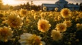 Golden Hour Sunflowers: Romantic Soft Focus Field With Barn