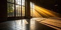 Golden Hour Sunlight Bathes a Dark Room Creating Dramatic Light and Shadow Patterns on a Tiled Floor Through Royalty Free Stock Photo