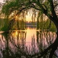 Serene lakeside sunset reflection through weeping willow branches peaceful natural landscape illustration Royalty Free Stock Photo