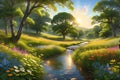 Golden Hour Sunlight Filters Through a Verdant Canopy, Dapples of Warm Light Illuminating a Serene Meadow