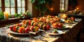 Golden-hour sunlight illuminates a rustic table setting adorned with vibrant vegetable skewers, creating an appetizing and Royalty Free Stock Photo