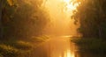 Golden Hour Sunlight Through Tropical Forest River Royalty Free Stock Photo