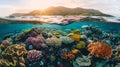 Golden hour sunset split view of great barrier reef marine ecosystem in queensland, australia Royalty Free Stock Photo