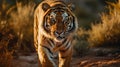 Golden Hour Tiger Walking Through Grass In National Geographic Style