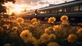 Golden Hour Train Station: Dream-like Imagery Of Flowers In Nature