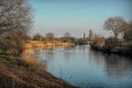 Golden hour view of Canal from Gent to Brugge Flanders Belgium wide angle perspective Royalty Free Stock Photo