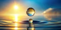 Golden hour water droplet reflection on calm surface. Generative AI Royalty Free Stock Photo