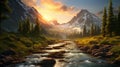 Golden Hour Wilderness Landscape: 3d Digital Wallpaper