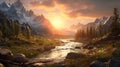 Golden Hour Wilderness Landscape: Mountain Stream Desktop Wallpaper