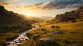 Golden Hour Wilderness Landscape: A Photorealistic Image Of A Charming Rural Scene