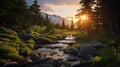 Golden Hour Wilderness Landscape: A Photorealistic Image Of A Stream In High Grass At Sunset Royalty Free Stock Photo