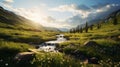 Golden Hour Wilderness Landscape: A Photorealistic Image Of A Transcendent Valley Royalty Free Stock Photo