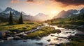 Golden Hour Wilderness Landscape: Serene River Streaming Through Majestic Mountains