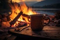 Golden hour in the wilderness Steaming coffee by the campfire