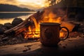 Golden hour in the wilderness Steaming coffee by the campfire