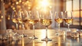 Golden hour wine tasting sparkling beverage in elegant stemware with ice cubes on a reflective surface. Generative AI Royalty Free Stock Photo