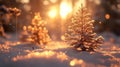 Golden Hour Winter Sunset with Snowy Pine Tree Royalty Free Stock Photo