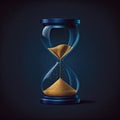 Golden hourglass on dark blue background. Hour glass is also known as sandglass, sand timer, sand clock. AI generative art, Royalty Free Stock Photo
