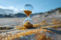 Golden Hourglass on Sandy Beach Under Vibrant Sky Generative AI