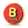Golden 8 hours on red background. 8 hrs gold. 3d illustration