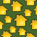 Golden houses on a green. Seamless vector pattern.