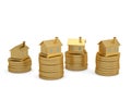 Golden houses on stacks of coins on white background 3D illustration.