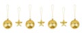 Golden ÃÂ¡hristmas tree decorations set white background isolated closeup, glass balls & gold metal stars hang on thread collection