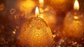 The golden hues of candlelight reflect off the tearshaped droplets of scented essential oils used in the soapmaking