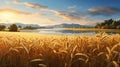 Golden Hues: A Delicately Rendered Lake In A Wheat Field
