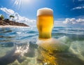 Glass of beer on the beach with crystal clear water and sun rays. Image created by artificial intelligence Royalty Free Stock Photo