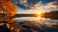 Golden Hues: A Stunning Sunset Over A Serene Lake Royalty Free Stock Photo