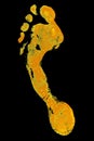 Golden human barefoot footprint on black background isolated closeup, shiny gold metal person foot print illustration, yellow foot