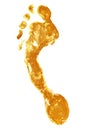 Golden human barefoot footprint on white background isolated closeup, shiny gold metal person foot print illustration, yellow foot