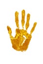 Golden human hand print white background isolated close up, shiny gold metal handprint illustration, yellow palm & fingers mark