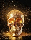 Golden human skull in and gold powder on black