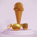 Golden ice cream cone and sunglasses. Summer concept