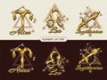 Golden icons of zodiac sign Aries, Leo Sagittarius Royalty Free Stock Photo