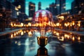 Golden incandescent lamp with diode elements against the backdrop of the night city of the future, electricity and energy