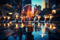 Golden incandescent lamp with diode elements against the backdrop of the night city of the future, electricity and energy