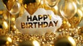 Golden inflatable foil HAPPY BIRTHDAY text, balloons background Royalty Free Stock Photo