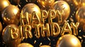 Golden inflatable foil HAPPY BIRTHDAY text, balloons background Royalty Free Stock Photo