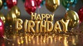 Golden inflatable foil HAPPY BIRTHDAY text, colorful balloons background Royalty Free Stock Photo
