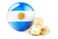 Golden ingots with Argentinean flag. Foreign-exchange reserves of Argentina concept. 3D rendering