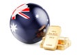 Golden ingots with Australian flag. Foreign-exchange reserves of Australia concept. 3D rendering