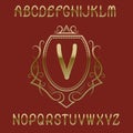 Golden initial monogram template on shield with wreath. Elegant letters and logo design elements